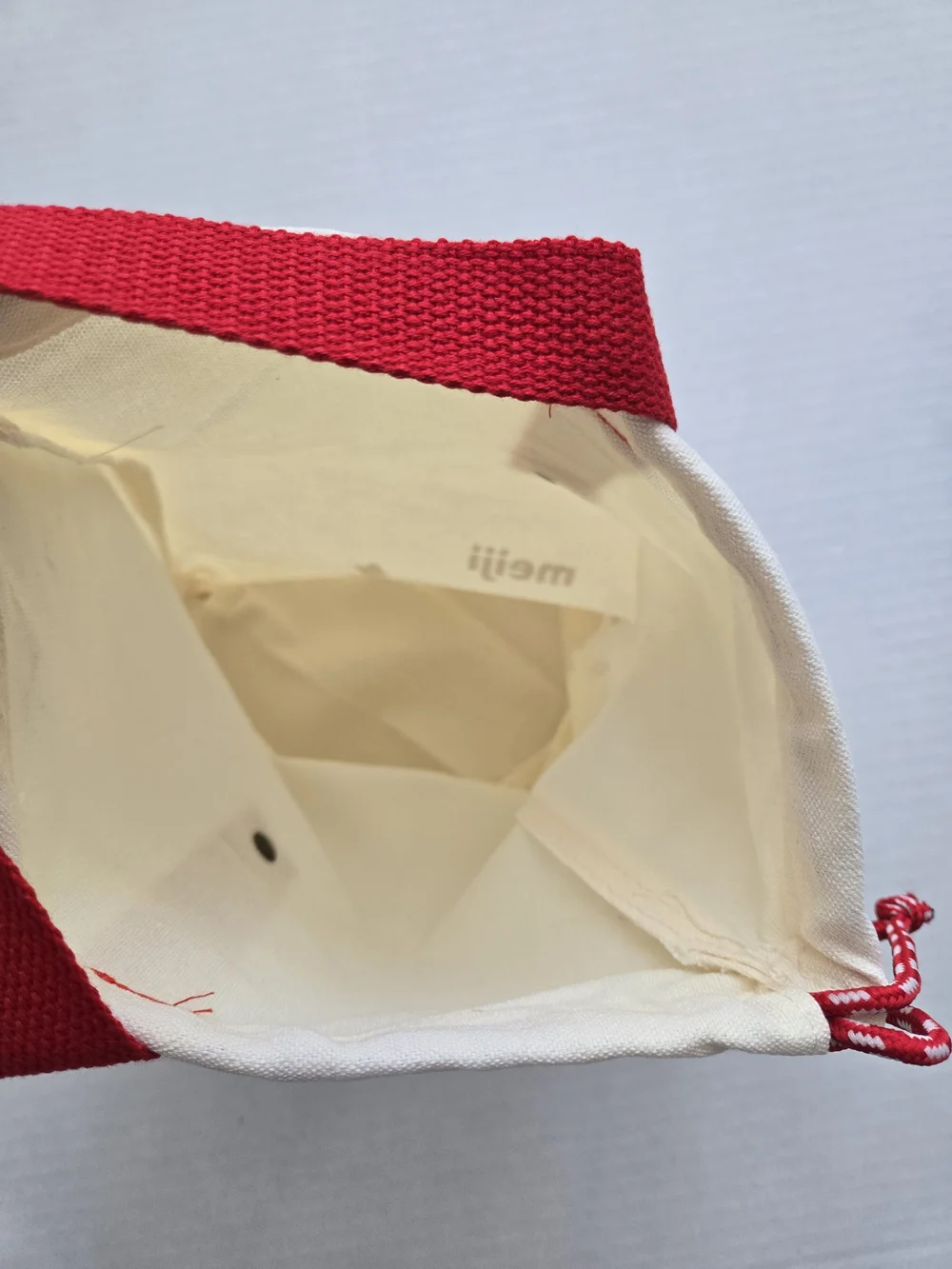 Meiji Cream Canvas Drawstring Tote with Red Strap - NEW 11x10 Inch